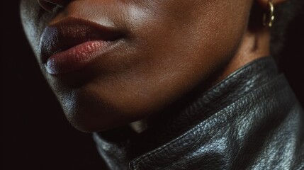 Elegant Profile with Glossy Leather Jacket and Soft Side Light in a Modern Portrait.
