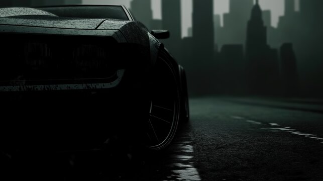 Noir Muscle Car in Rain-Soaked City.