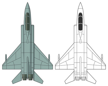 Set chengdu j-8 military aircraft design in line art and colored style from top view. Vector illustrations colorful j16 fighter jet. Outline drawing modern chinese combat aircraft.