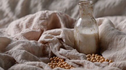 In the middle of a beige linen fabric lies an old glass bottle filled with milk, next to it are scattered some soybeans with background is light and airy.