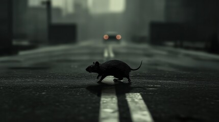 Mouse run on the empty road photo of city camera