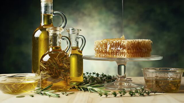 Golden Honeycomb Drizzling in Softly Lit Studio Setting Featuring Olive Oil Bottles Thyme and Rosemary on a Wood Table a Natural Remedy Still Life with Muted Green Backdrop