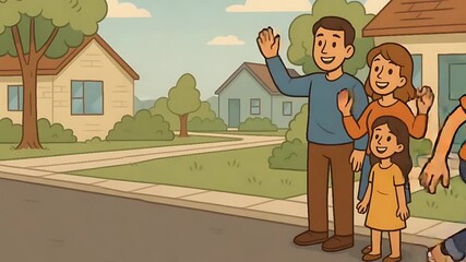 Suburban Family Waving Goodbye, Cartoon Illustration