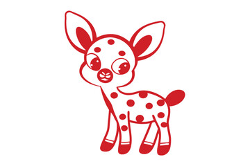 Cartoon style fawn with red spots and big ears stands playfully against white