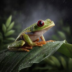 Obraz premium Emerald Eye Frog in Rainforest : Captivating close-up of a vibrant green frog with striking red eyes, perched gracefully on a dew-kissed leaf in the lush rainforest.