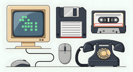 A nostalgic collection of vintage technology from the past, including a retro computer, floppy disk, cassette tape, and rotary phone