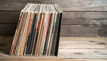 Nostalgic Stack of Vintage Vinyl Records Leaning on Rustic Wooden Surface Evoking Retro Music Era.