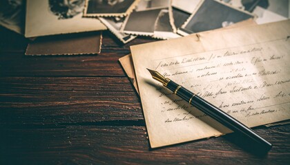 Vintage Fountain Pen Resting on Handwritten Letter Amidst Stack of Old Photographs.
