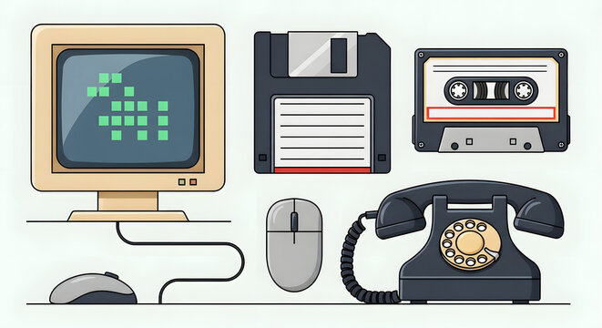 A nostalgic collection of vintage technology from the past, including a retro computer, floppy disk, cassette tape, and rotary phone
