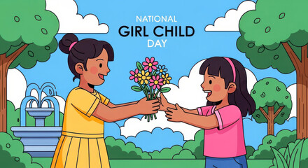 Two young girls sharing a bouquet of flowers in a park celebrating national girl child day