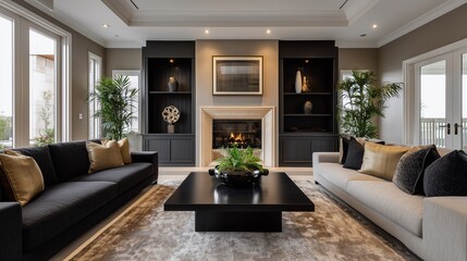 Fototapeta premium Luxurious Living Room: A sophisticated living room in a house showcases stylish decor. with two luxurious sofas and a fireplace. the scene suggests comfort and elegance.
