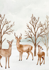 A digital watercolor scene of a deer family (stag, doe, fawn) standing in a quiet, 
