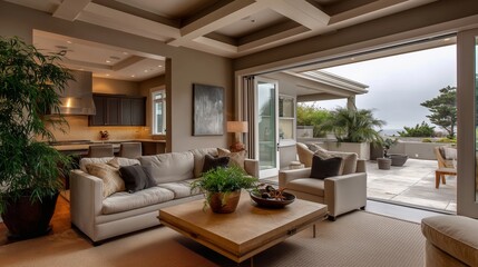 Fototapeta premium Elegant interior: A stunning interior featuring a seamless blend of indoor and outdoor living spaces. The scene is dominated by warm tones, a lush green plant, and carefully curated decor.
