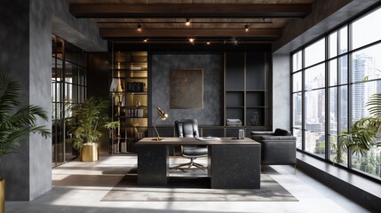 Executive Office with Natural Light: An exquisitely designed, modern executive office bathed in natural light, showcasing a stylish workspace with wooden beams, luxurious dark furniture.