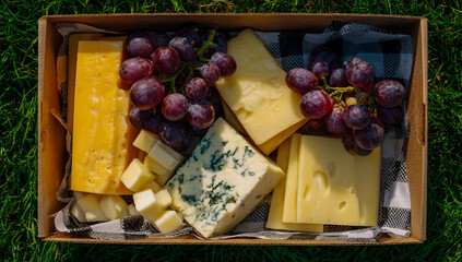 Artisan cheese platter with grapes in a wooden crate on green grass