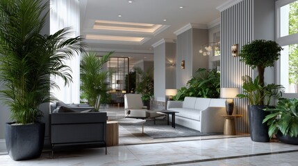 Naklejka premium Luxury Lobby: The interior of a bright and airy lobby featuring exquisite interior design. This space is a blend of luxury and contemporary style, creating a welcoming and sophisticated atmosphere.