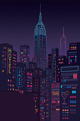 Vector illustration of New York's skyline glowing with neon lights against the night sky.