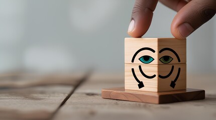 a wooden puzzle cube with a symbol of an eye and circular arrows  representing the idea of vision