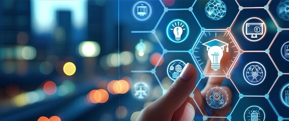a hand is interacting with a holographic interface displaying a network of icons. The icons represent various aspects of education  innovation  and technology