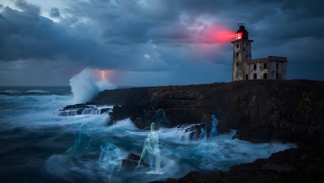 Stormy Haunted Cliffside with Abandoned Lighthouse &ndash; Dramatic Supernatural Digital Artwork