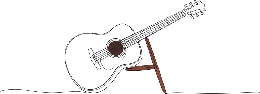 Acoustic guitar silhouette with delicate line art drawing standing on a simple wooden stand against a softly lit background evoking creativity and musical inspiration