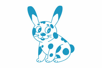 Cheerful blue cartoon bunny with polka dots sits upright, looking playfully forward with joy