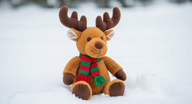 Adorable reindeer plush toy with a red and green scarf sitting in the snow, capturing the essence of winter and holiday cheer in a whimsical scene - Powered by Adobe