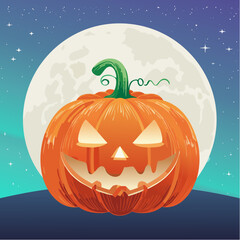 Naklejka premium A glowing jack-o'-lantern with a spooky carved face, set against a large full moon and a starry night sky, perfect for Halloween.