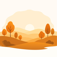 A serene autumn landscape with rolling hills, orange trees, and a rising sun in a flat, minimalist style.