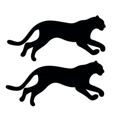 Two silhouetted black panthers in mid stride on a white background