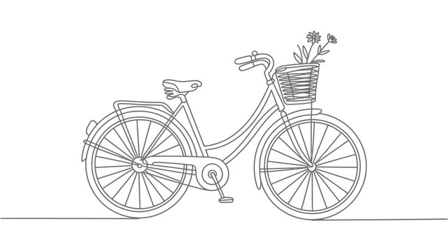 Elegant single line drawing of a vintage bicycle with a basket full of flowers representing a charming and romantic mode of transportation and a symbol of freedom and simple pleasures
