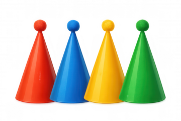 Colorful game pieces standing in a row, representing team, choice, or competition on transparent background