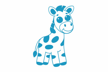 Cheerful blue giraffe stands smiling, featuring whimsical spots and simplistic, charming details