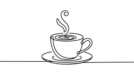 Minimalist single line drawing of a steaming hot cup of coffee or tea on a saucer representing a morning beverage or a break