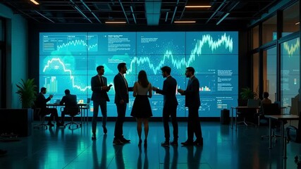 dynamic team analyzes trading data on massive video wall, driving financial success in modern office during critical investment period - Powered by Adobe