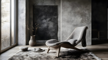 A modern chair sits in a room with a large window and neutral tones.