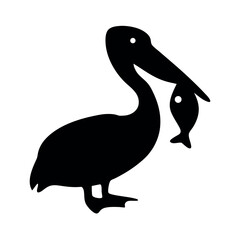 Silhouette of a pelican with a fish in its beak against a white background