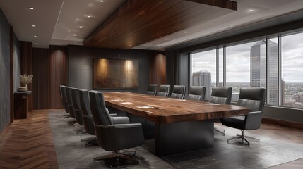 Corporate Conference Room: Modern conference room with an expansive wooden table, executive chairs, and a large window overlooking a cityscape.