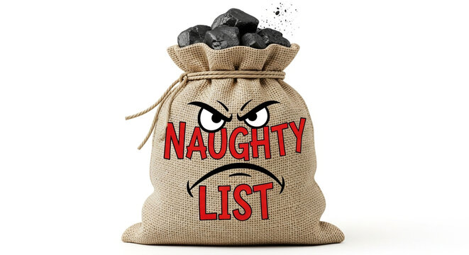 A burlap sack filled with lumps of coal, labeled with the words naughty list and featuring an angry face, isolated on white background