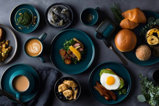 Weekend brunch meal spread with diverse breakfast dishes - Powered by Adobe