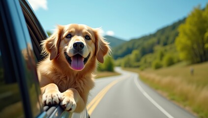 Golden Retriever Dog Enjoying Car Ride – Happy Pet Travel Photography in Ultra HD
