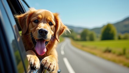 Golden Retriever Dog Enjoying Car Ride – Happy Pet Travel Photography in Ultra HD
