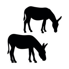 Two black donkey silhouettes grazing peacefully on a white background