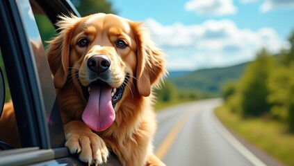 Golden Retriever Dog Enjoying Car Ride – Happy Pet Travel Photography in Ultra HD