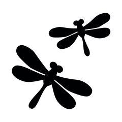 Two stylized black silhouette dragonflies with spread wings on a white background