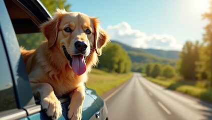 Golden Retriever Dog Enjoying Car Ride – Happy Pet Travel Photography in Ultra HD