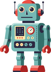 Retro robot vector illustration in flat design with a character, teal and red colors for technology and vintage theme
