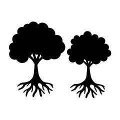 Two silhouetted trees with visible roots against a white background