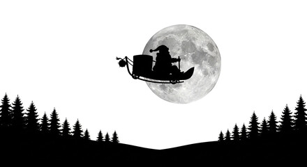 Silhouette of santa claus riding in his sleigh with reindeer against a full moon and pine trees isolated on white background, a magical christmas scene