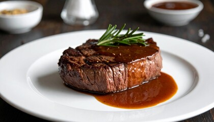 A close-up shot of a delicious grilled steak on a white plate, perfectly cooked and garnished with rosemary
